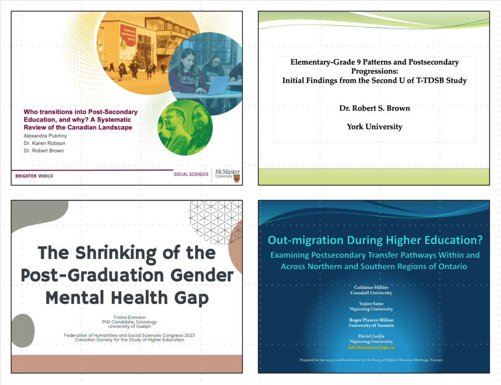 A collage of the title slides from the four presentations listed above.
